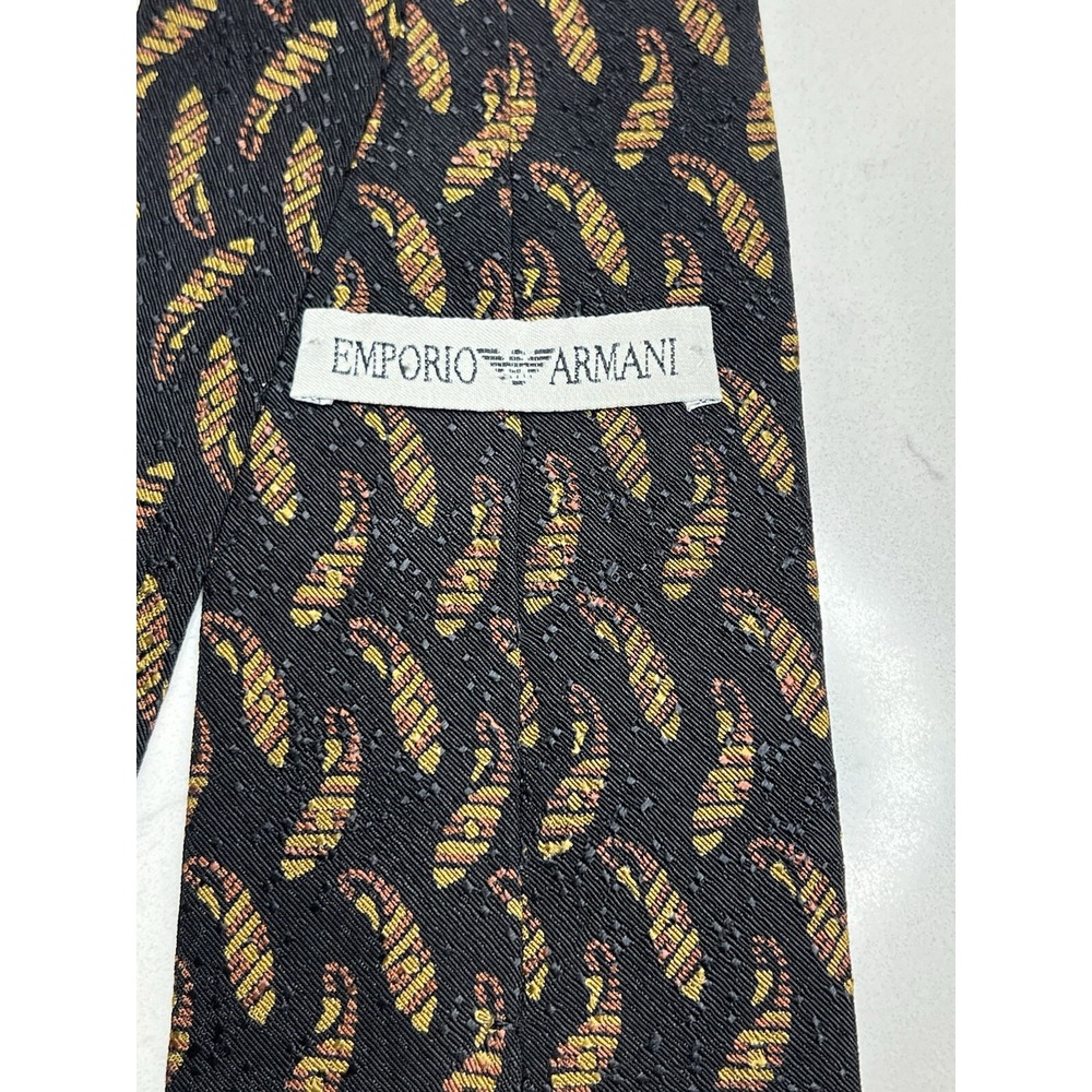 Emporio Armani Silk Tie Black Abstract Yellow & Orange Pattern Authentic STAINED
